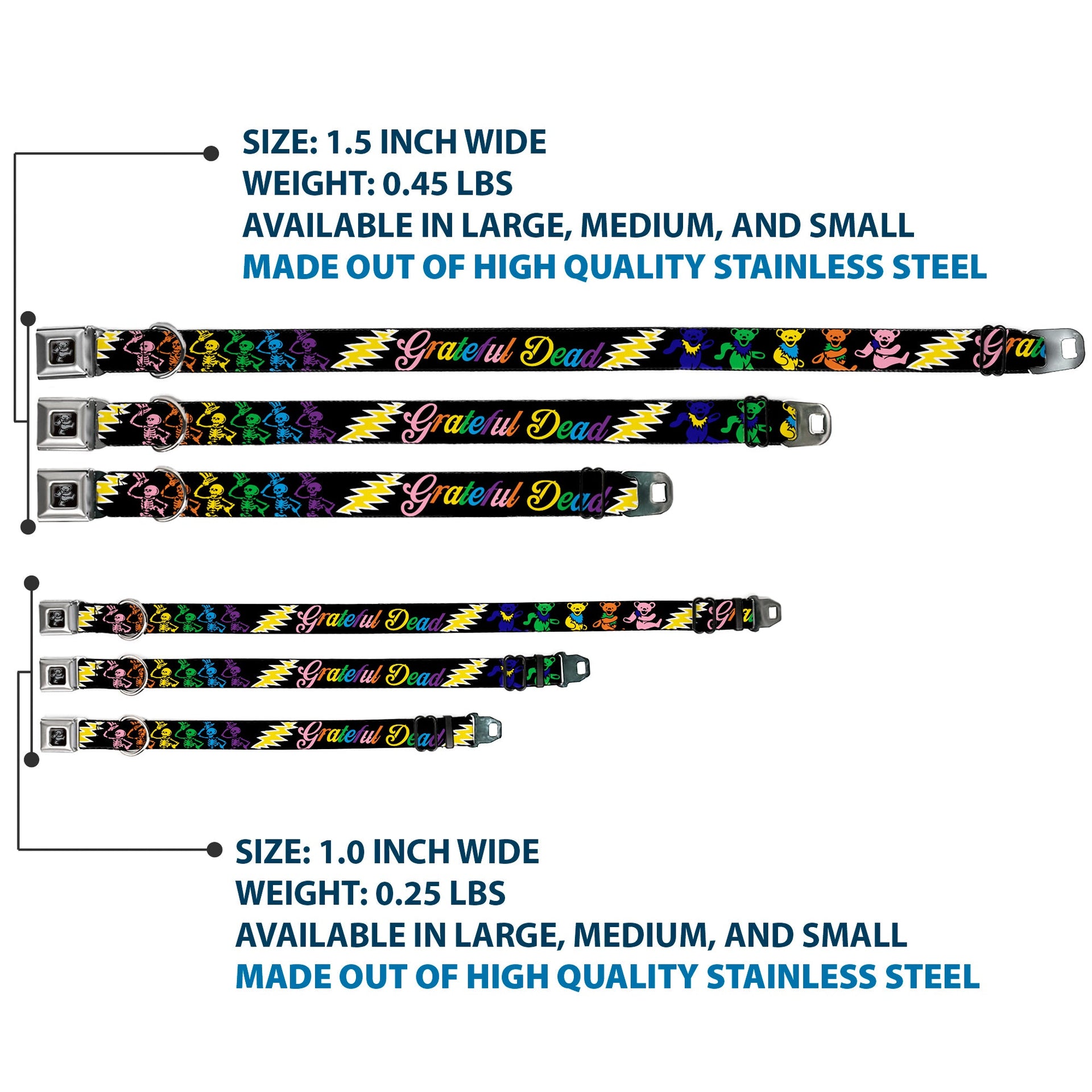Grateful Dead Seatbelt Buckle Pet Collar | Rainbow Script Text with Dancing Bears + Skeletons (Dancing Bear Buckle)