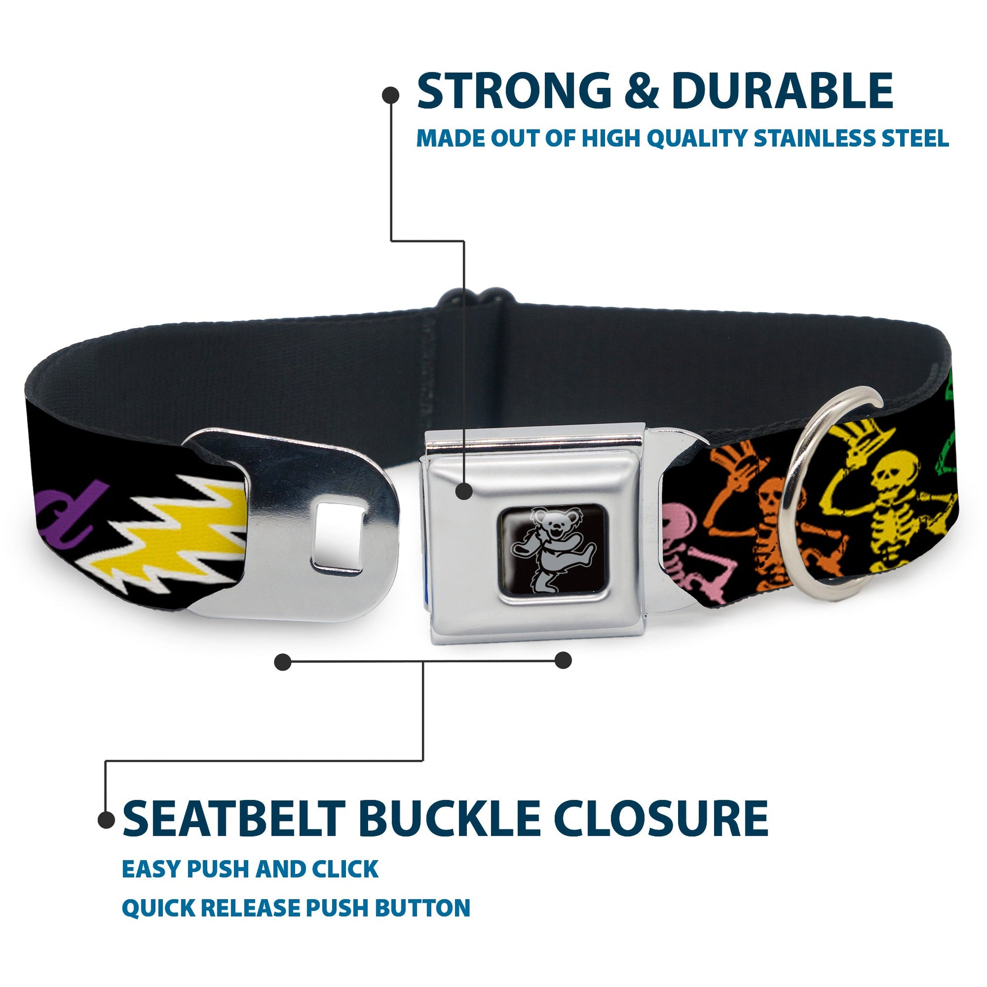 Grateful Dead Seatbelt Buckle Pet Collar | Rainbow Script Text with Dancing Bears + Skeletons (Dancing Bear Buckle)