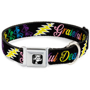 Grateful Dead Seatbelt Buckle Pet Collar | Rainbow Script Text with Dancing Bears + Skeletons (Dancing Bear Buckle)