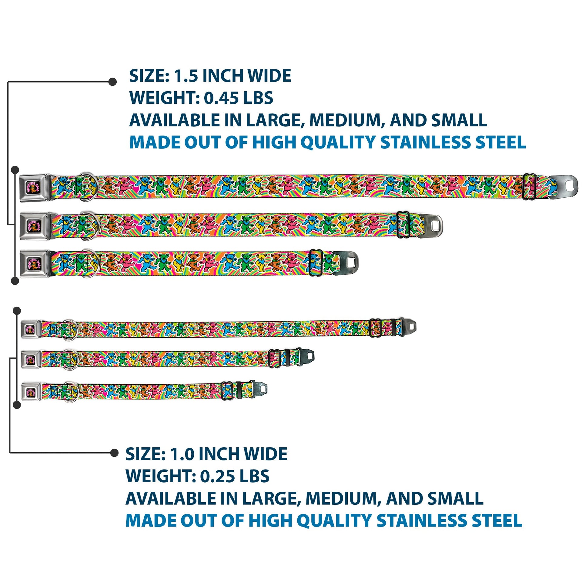 Grateful Dead Seatbelt Buckle Pet Collar | Rainbow Tie Dye Swirl Dancing Bears (Dancing Bear Buckle)