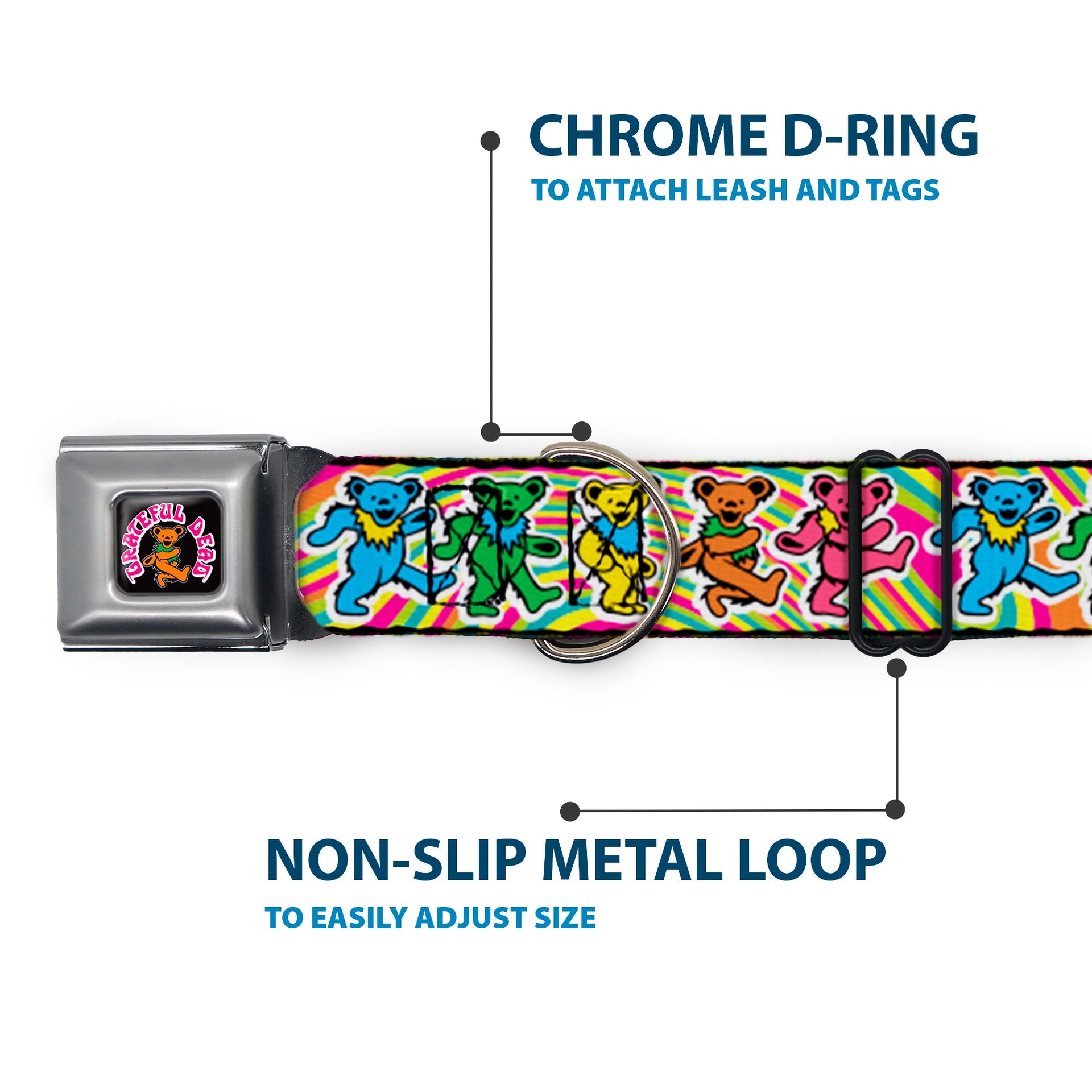 Grateful Dead Seatbelt Buckle Pet Collar | Rainbow Tie Dye Swirl Dancing Bears (Dancing Bear Buckle)