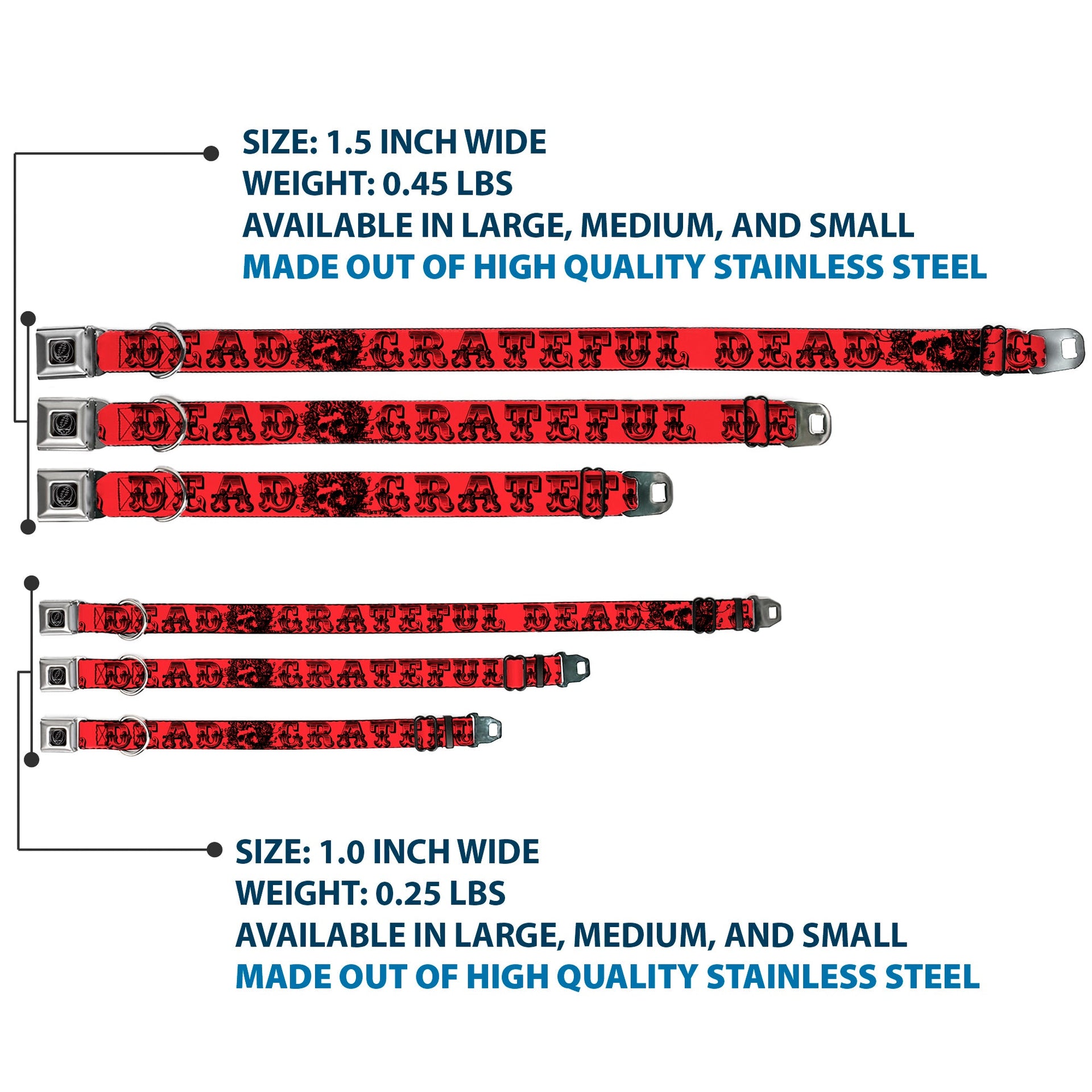 Grateful Dead Seatbelt Buckle Pet Collar | Red/Black Text + Skull & Roses (Steal Your Face Buckle)