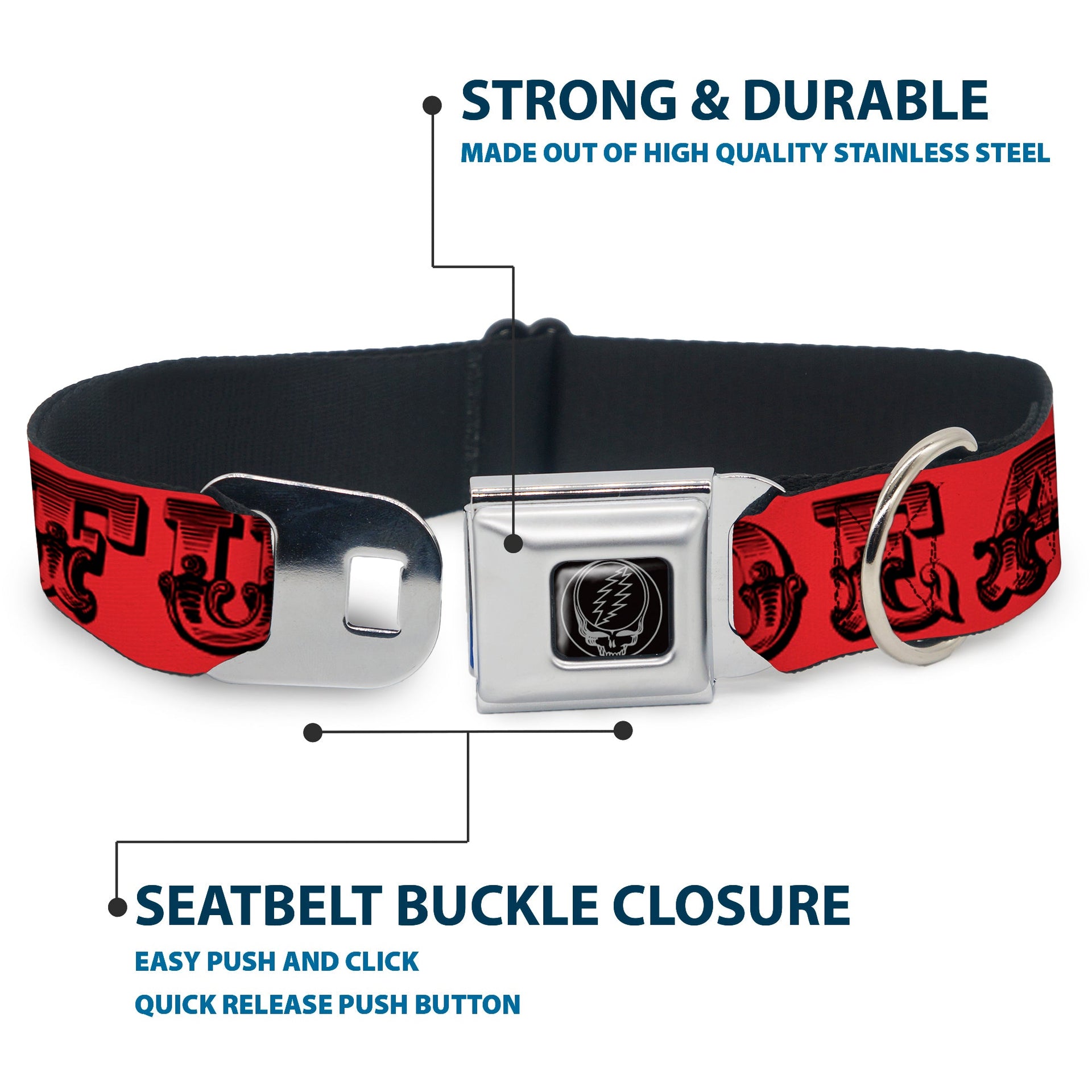 Grateful Dead Seatbelt Buckle Pet Collar | Red/Black Text + Skull & Roses (Steal Your Face Buckle)