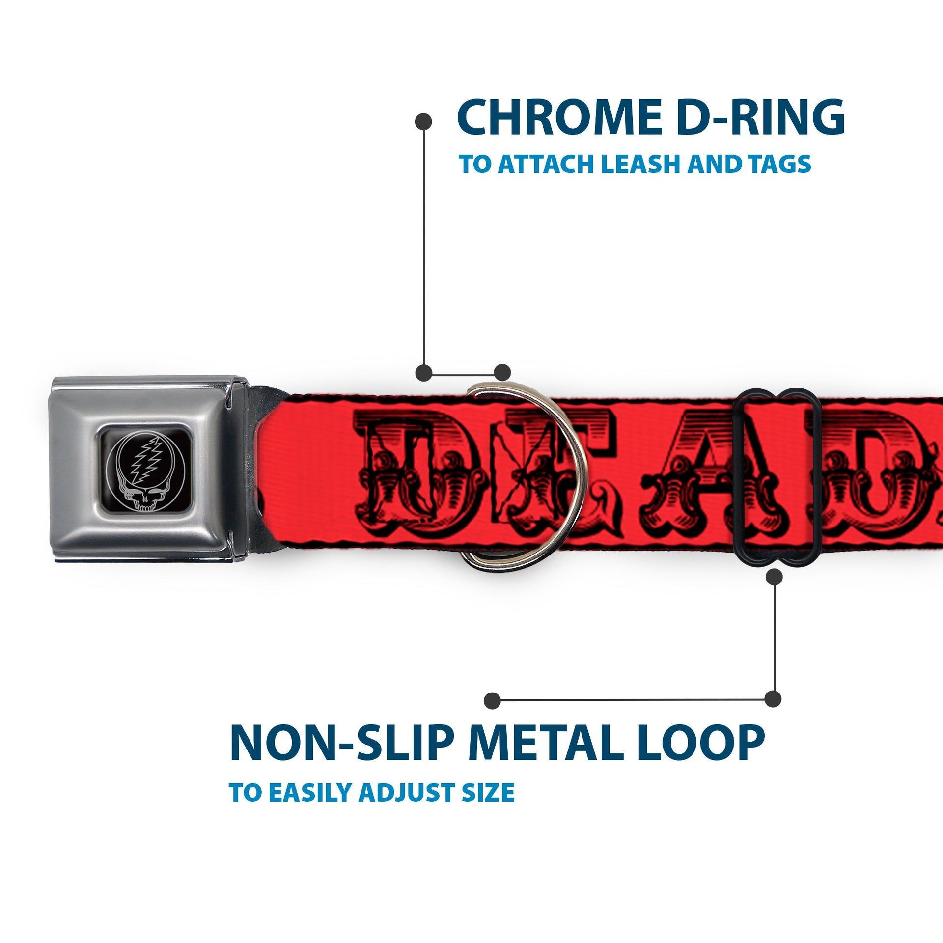 Grateful Dead Seatbelt Buckle Pet Collar | Red/Black Text + Skull & Roses (Steal Your Face Buckle)