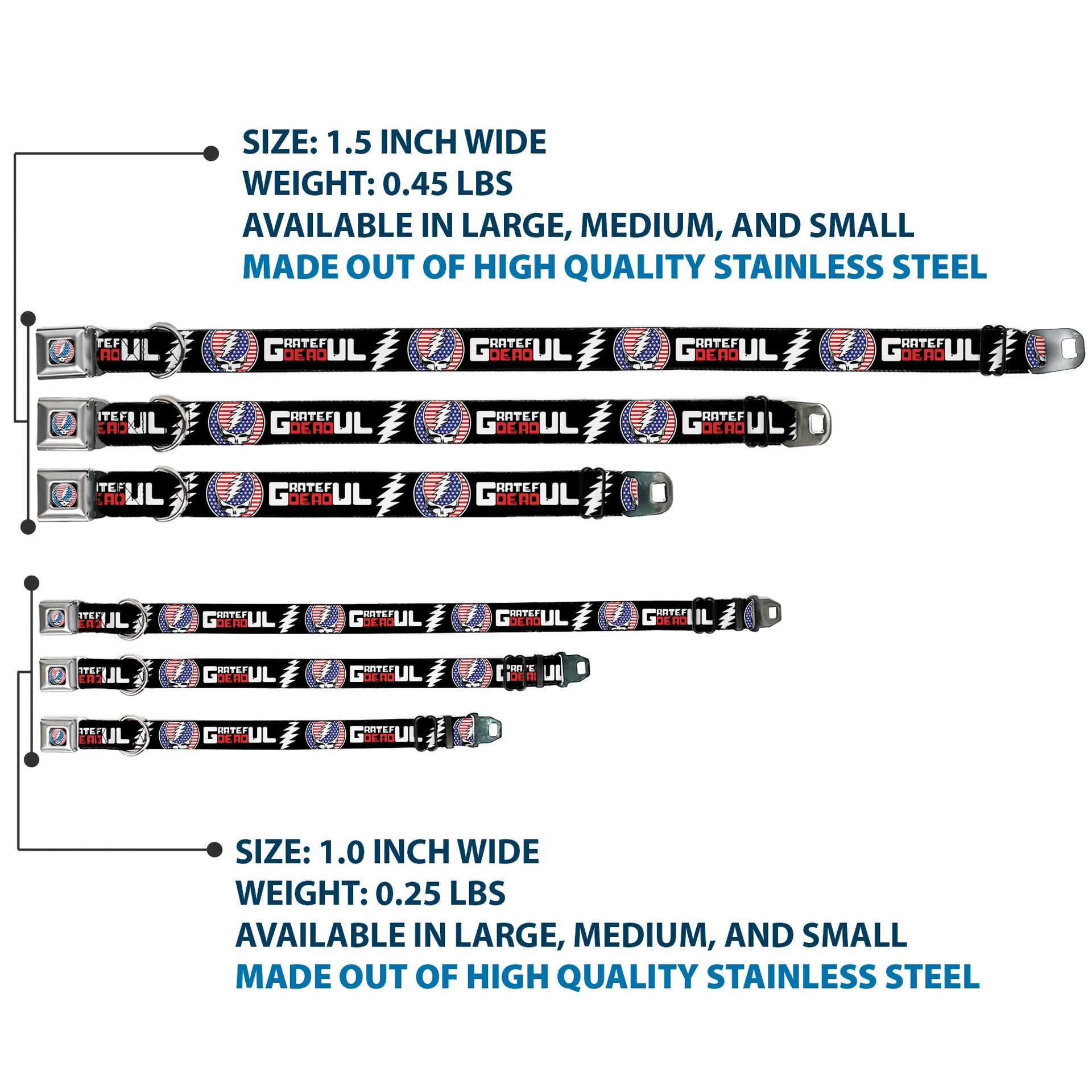 Grateful Dead Seatbelt Buckle Pet Collar | Stars & Stripes + Text (Steal Your Face Buckle)