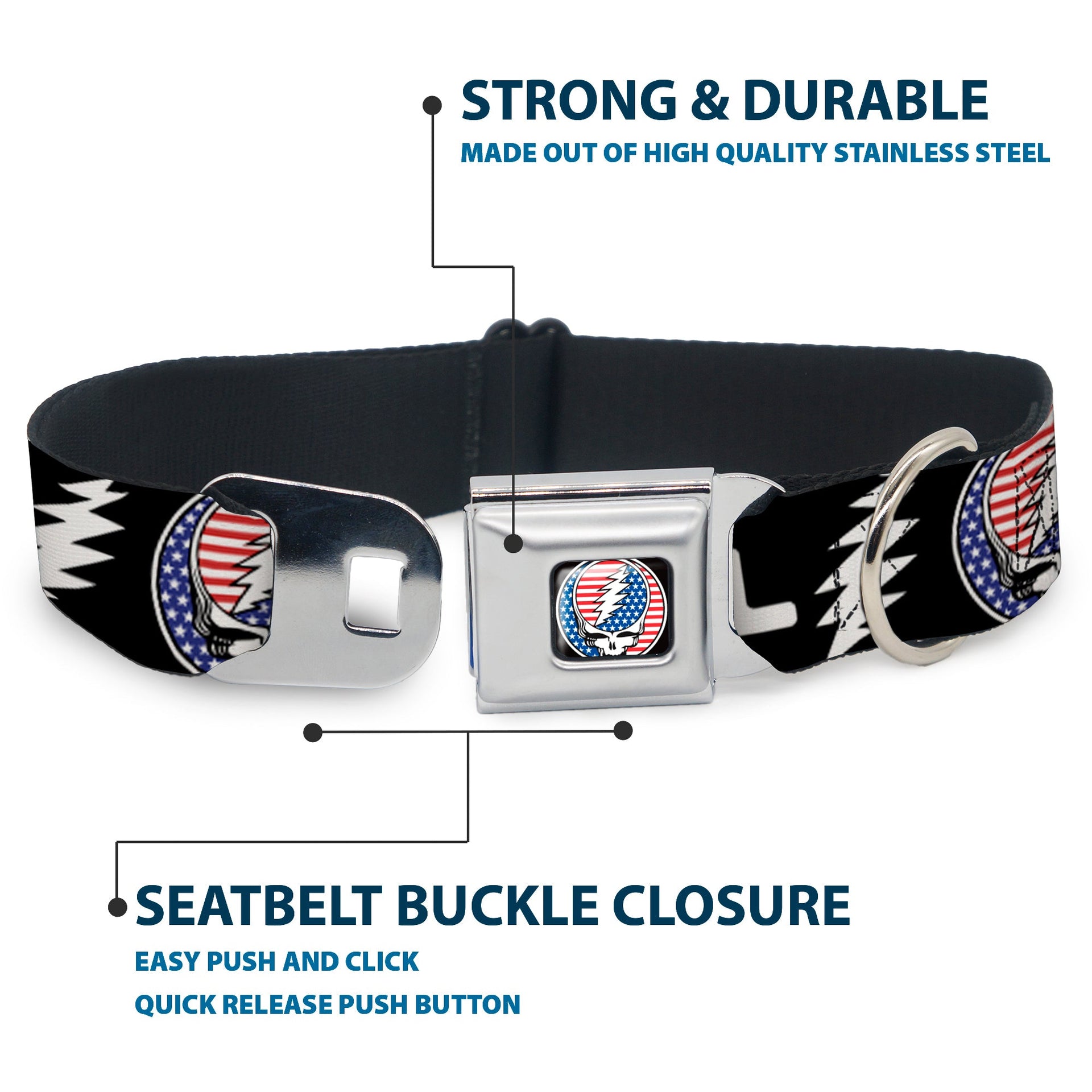 Grateful Dead Seatbelt Buckle Pet Collar | Stars & Stripes + Text (Steal Your Face Buckle)