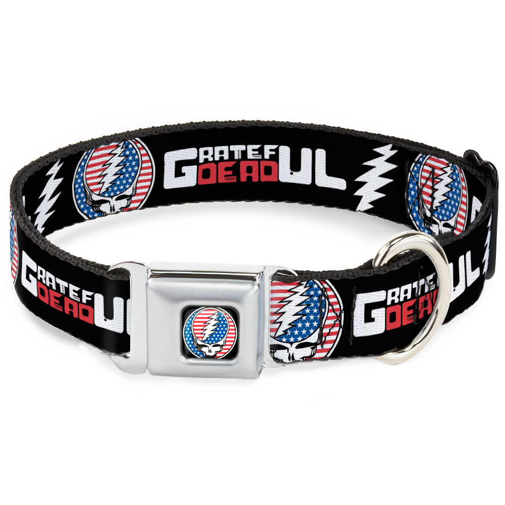 Grateful Dead Seatbelt Buckle Pet Collar | Stars & Stripes + Text (Steal Your Face Buckle)