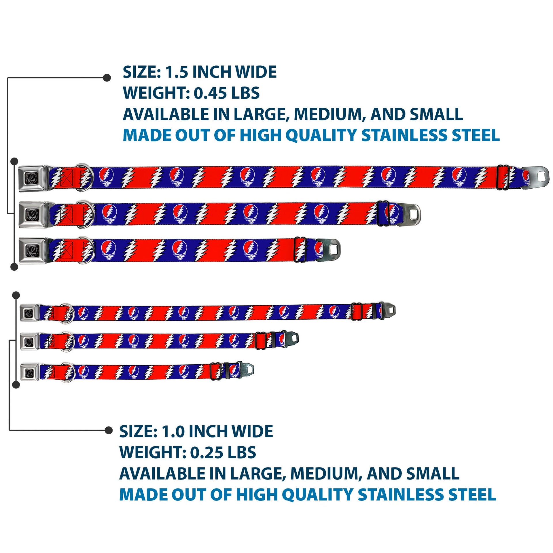 Grateful Dead Seatbelt Buckle Pet Collar | Steal Your Face + Large Lightning Bolt (Steal Your Face Buckle)