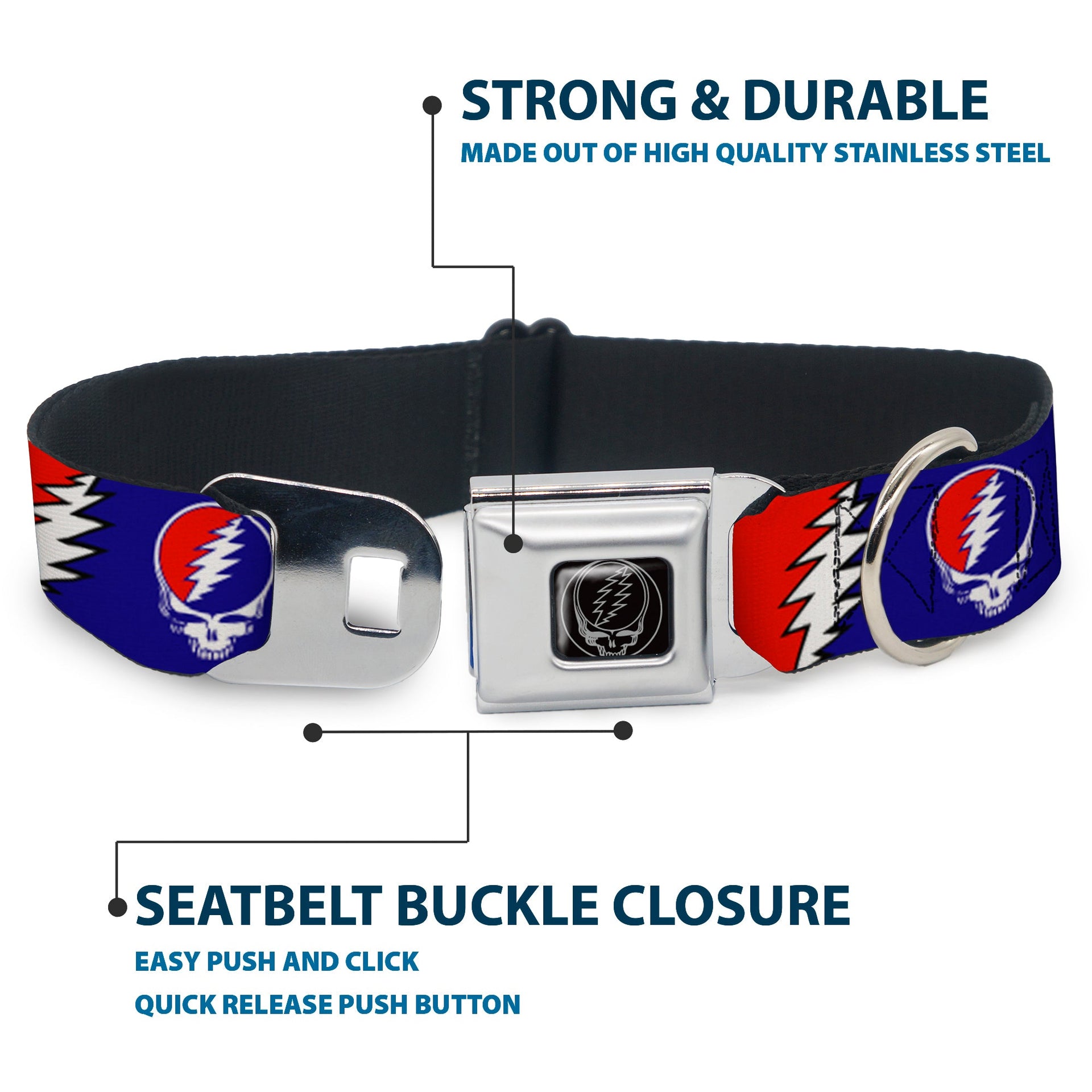 Grateful Dead Seatbelt Buckle Pet Collar | Steal Your Face + Large Lightning Bolt (Steal Your Face Buckle)