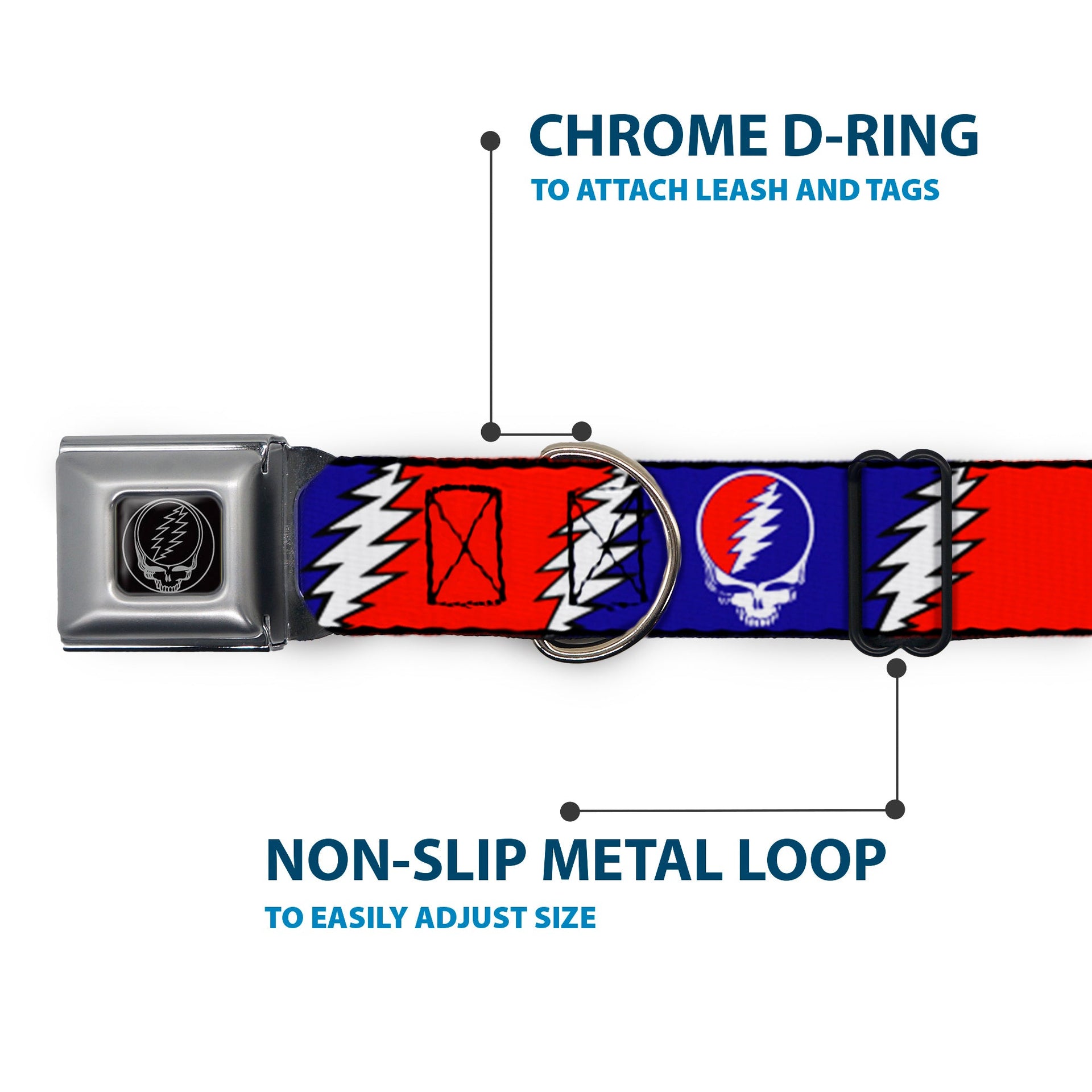 Grateful Dead Seatbelt Buckle Pet Collar | Steal Your Face + Large Lightning Bolt (Steal Your Face Buckle)