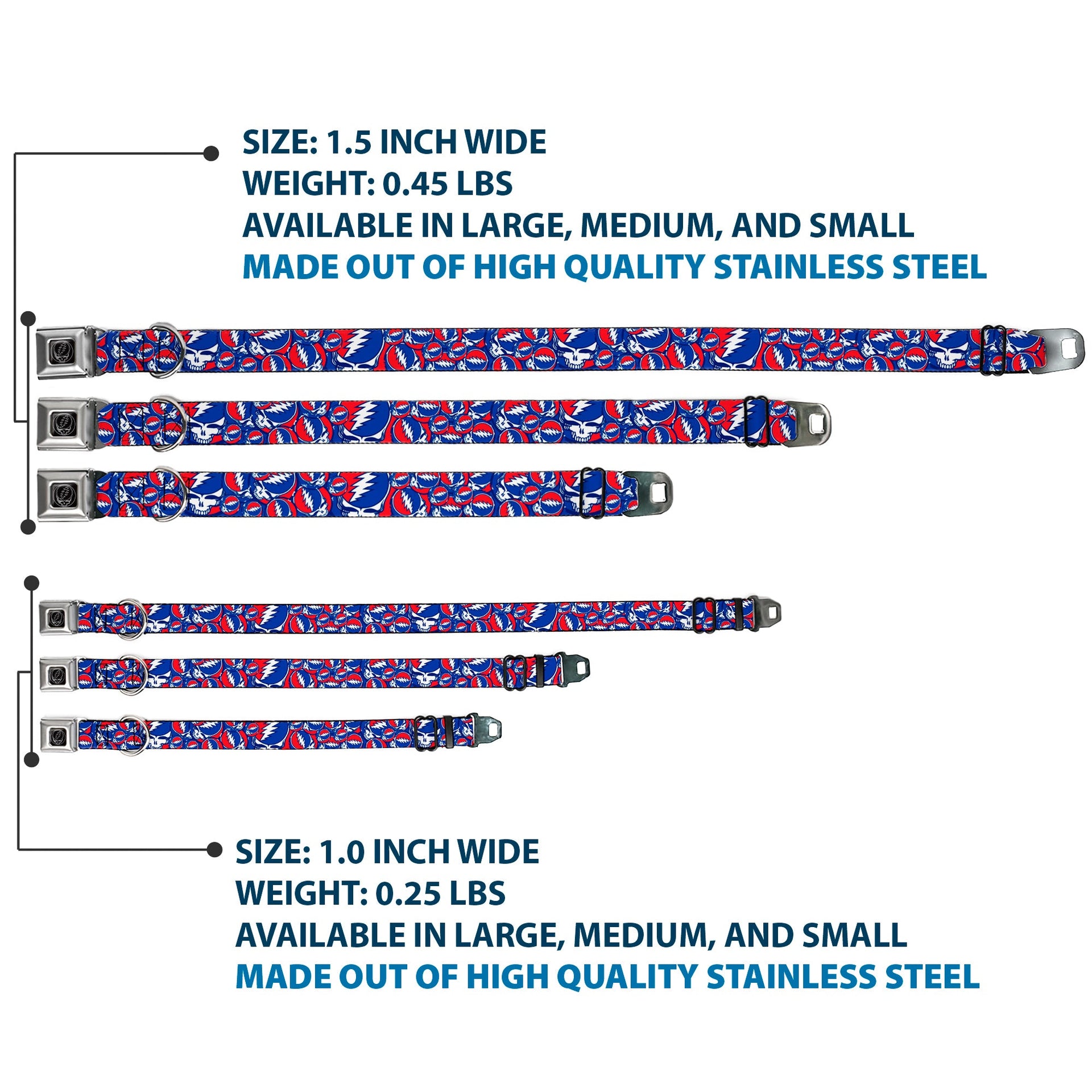 Grateful Dead Seatbelt Buckle Pet Collar | Steal Your Face Stacked (Steal Your Face B/W Buckle)