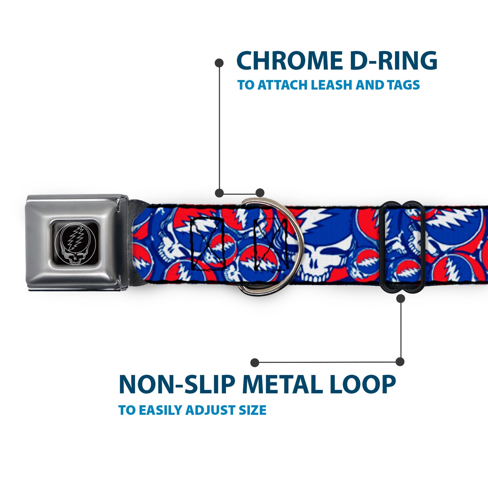 Grateful Dead Seatbelt Buckle Pet Collar | Steal Your Face Stacked (Steal Your Face B/W Buckle)
