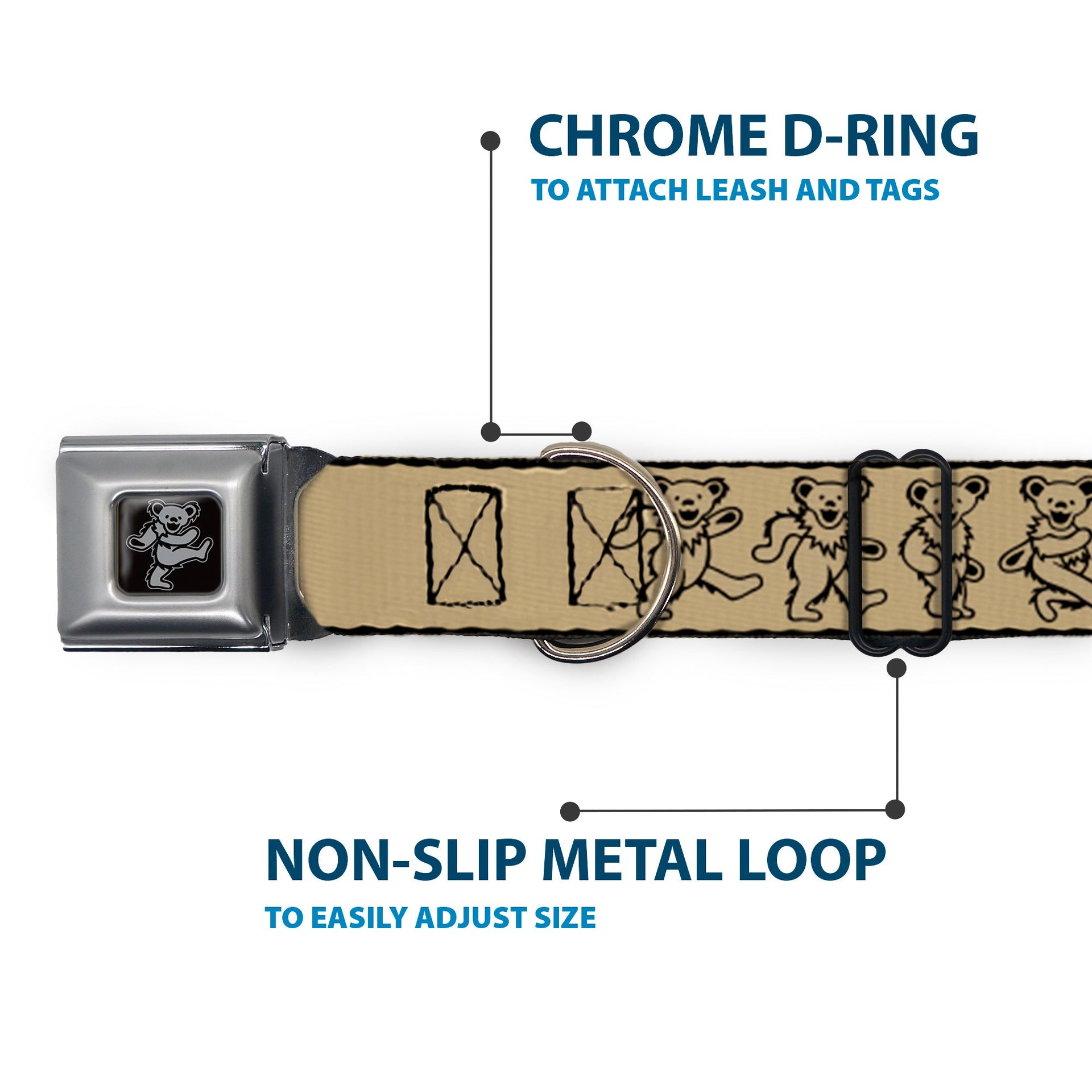 Grateful Dead Seatbelt Buckle Pet Collar | Tan/Black Dancing Bears (Dancing Bear Buckle)