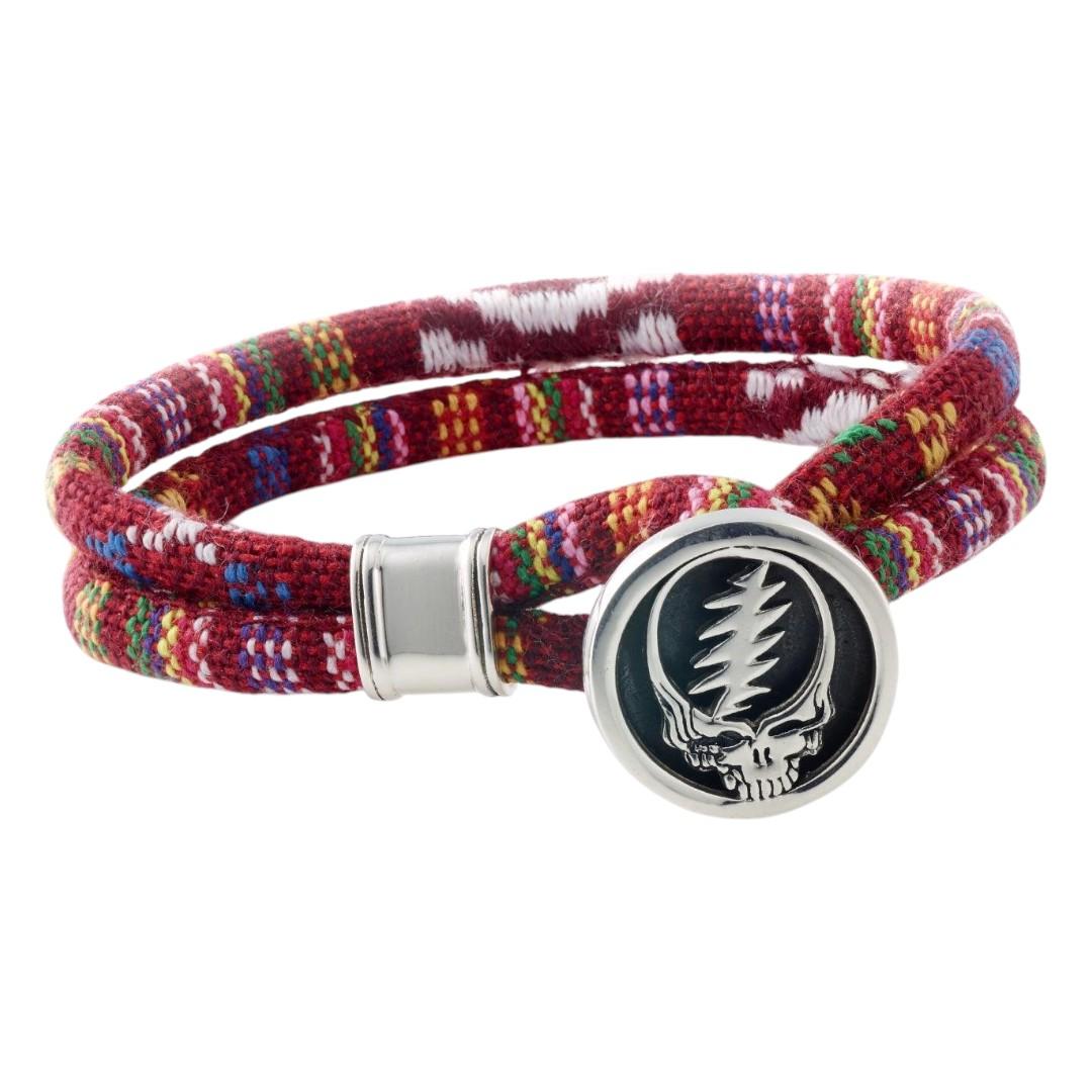 Grateful Dead Steal Your Face Sterling Silver Scarlet Red Cloth Rope Bracelet