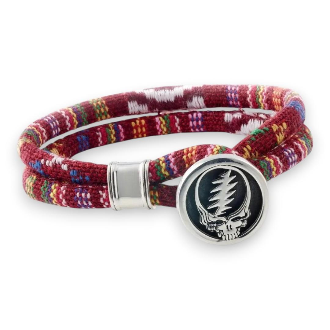 Grateful Dead Steal Your Face Sterling Silver Scarlet Red Cloth Rope Bracelet - Back