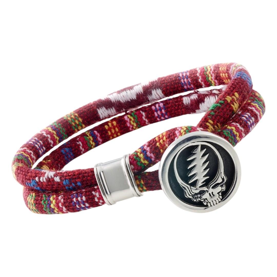 Grateful Dead Steal Your Face Sterling Silver Scarlet Red Cloth Rope Bracelet
