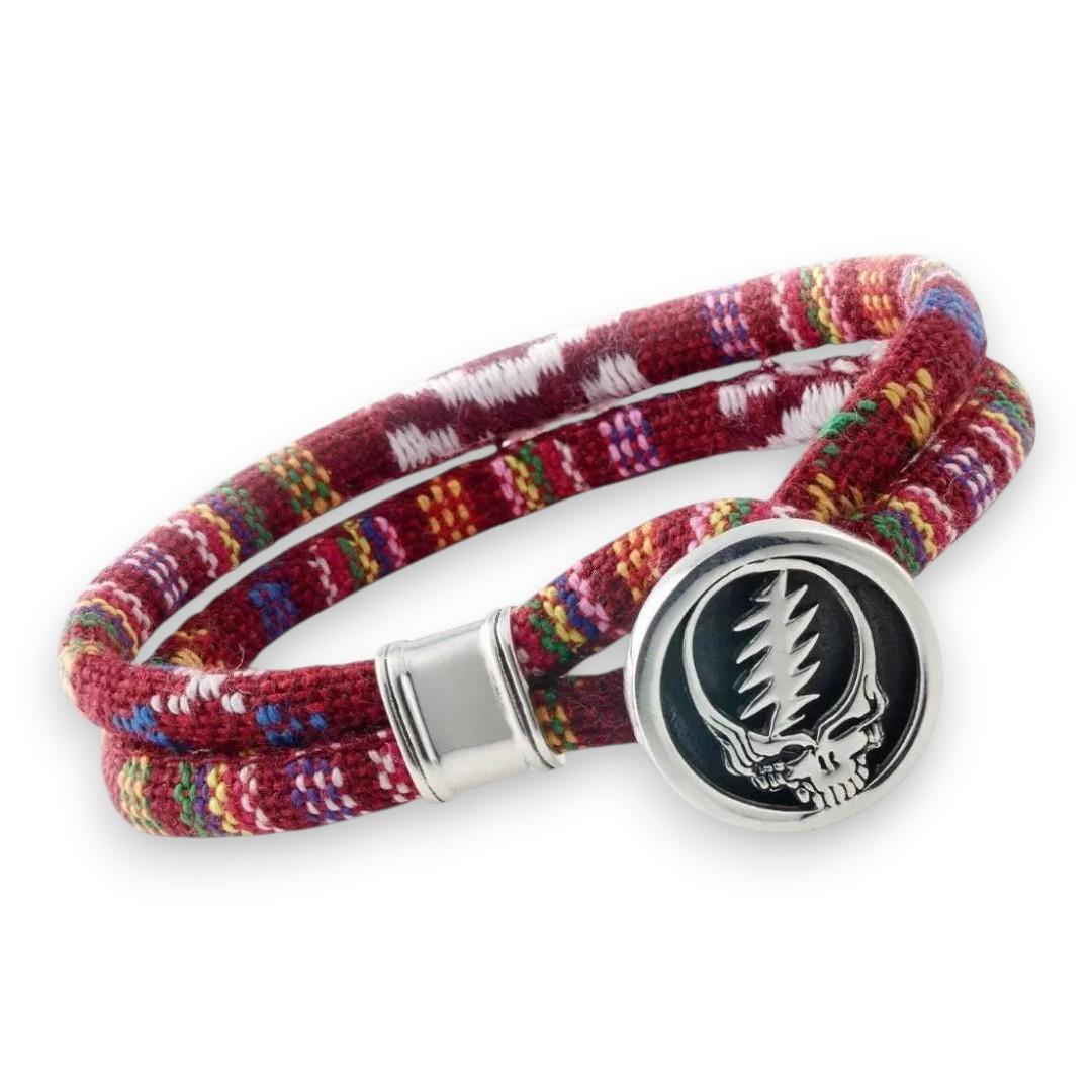 Grateful Dead Steal Your Face Sterling Silver Scarlet Red Cloth Rope Bracelet - Front