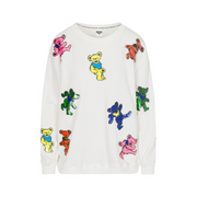 Grateful Dead relaxed white sweatshirt front view featuring colorful sequin Dancing Bears design