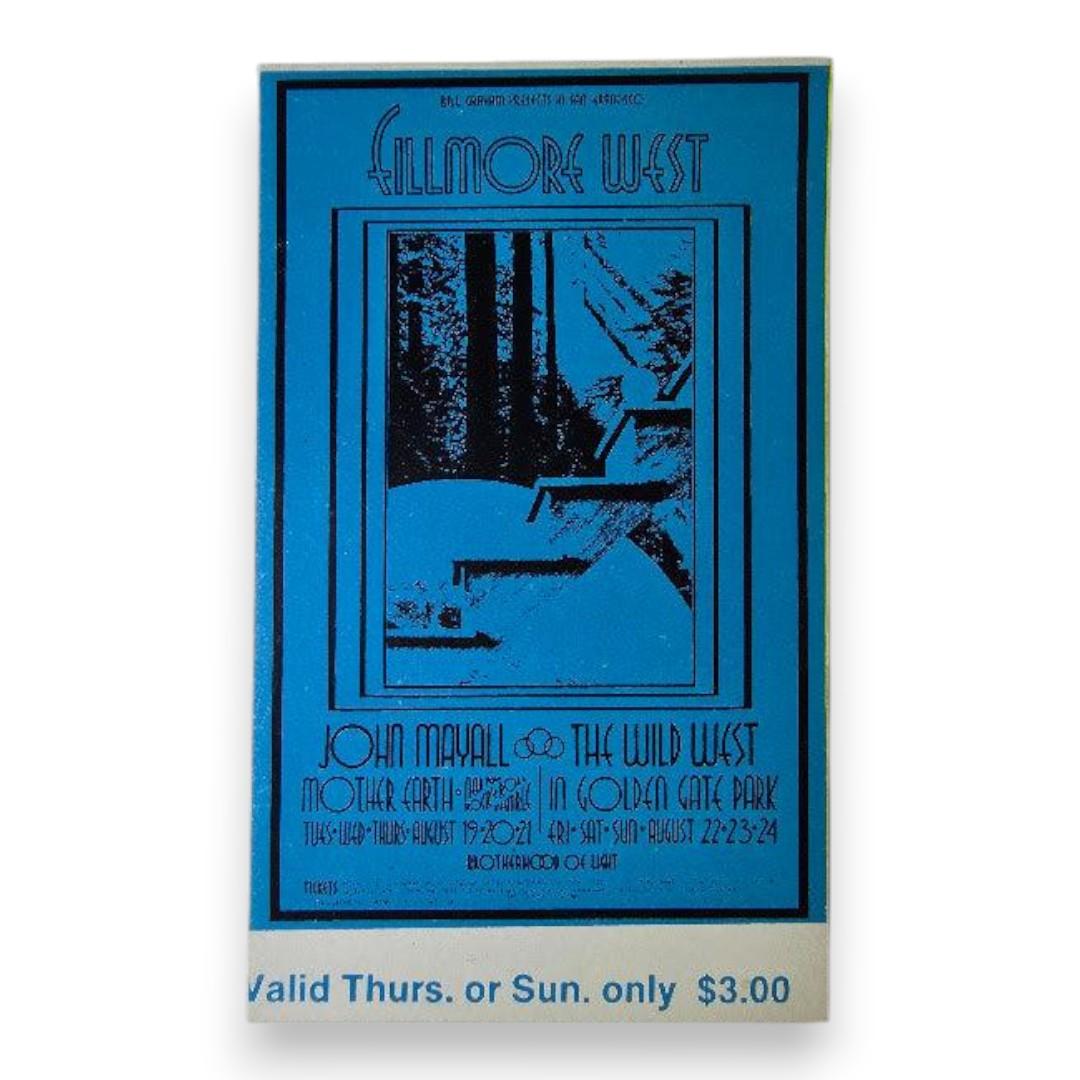 John Mayall, Mother Earth, New York Rock & Roll Ensemble, Wild West - August 21 & 24, 1969 - The Fillmore | Vintage Concert Ticket