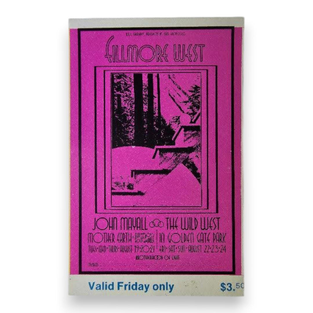 John Mayall, Mother Earth, New York Rock & Roll Ensemble, Wild West - August 22, 1969 - The Fillmore | Vintage Concert Ticket