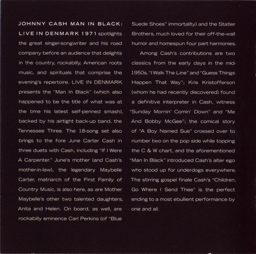 Johnny Cash – Man in Black: Live in Demark 1971 (CD) - Label
