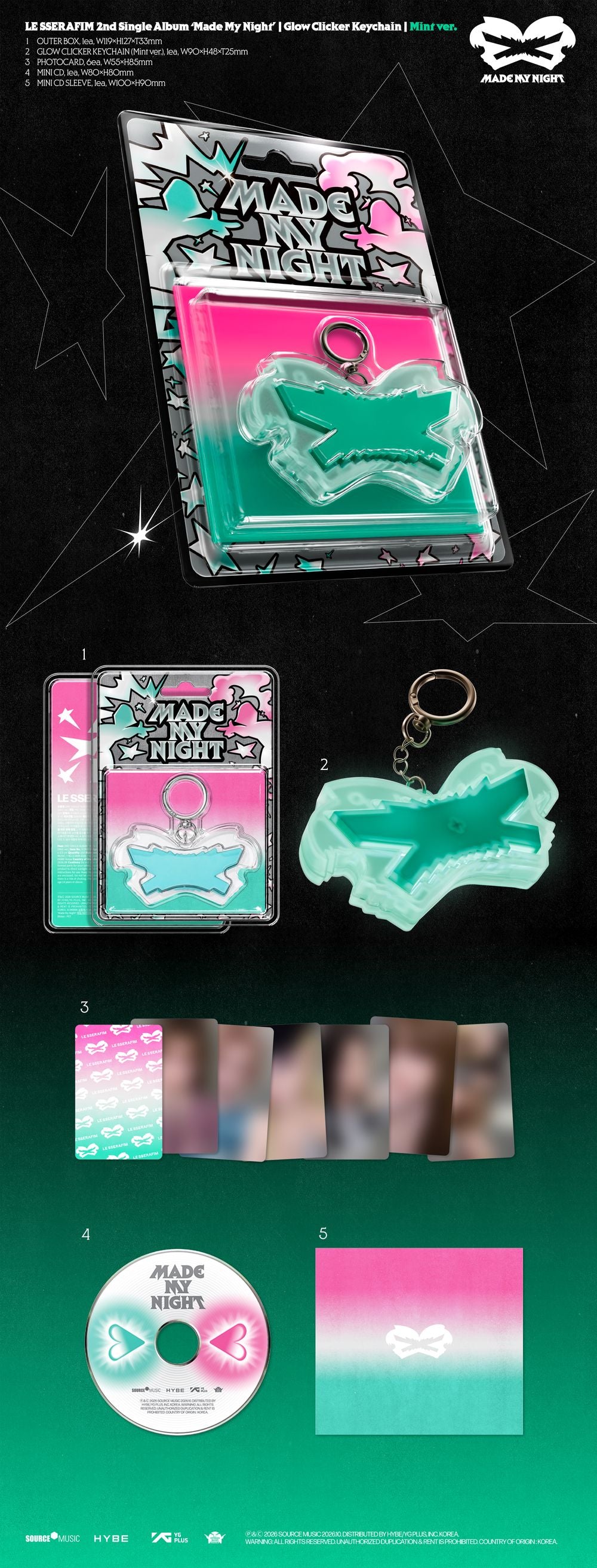 LE SSERAFIM – 2nd Single Album 'Made My Night' (Mint Glow Clicker Keychain ver. CD)