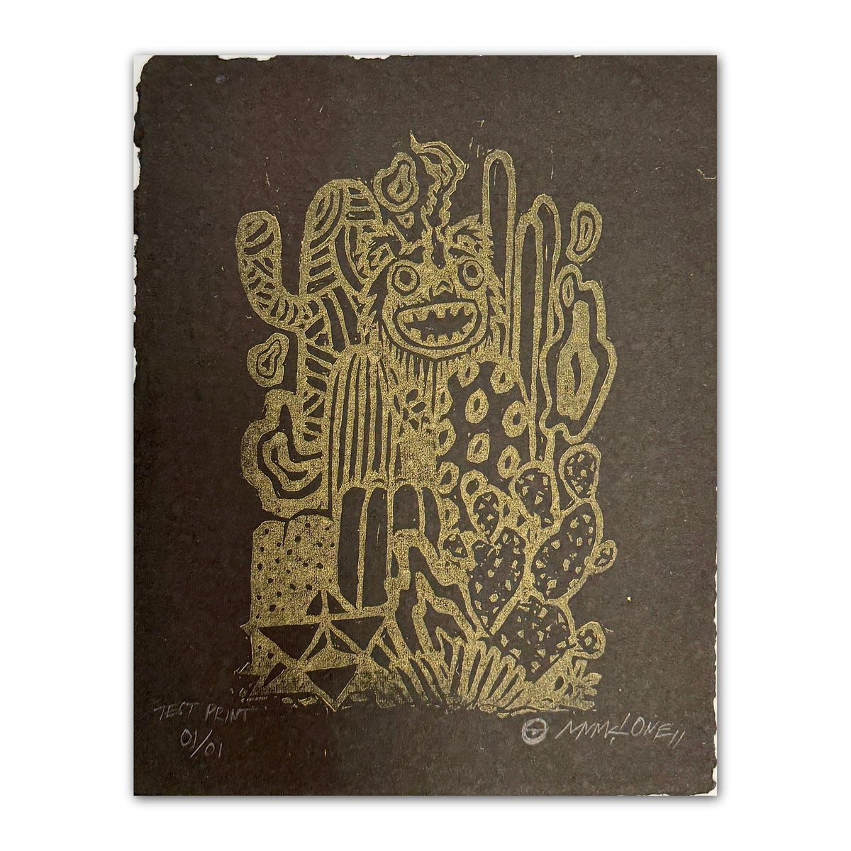 "Magical Thinking Beastie" Copper on Black Lino Cut Print by Munk One