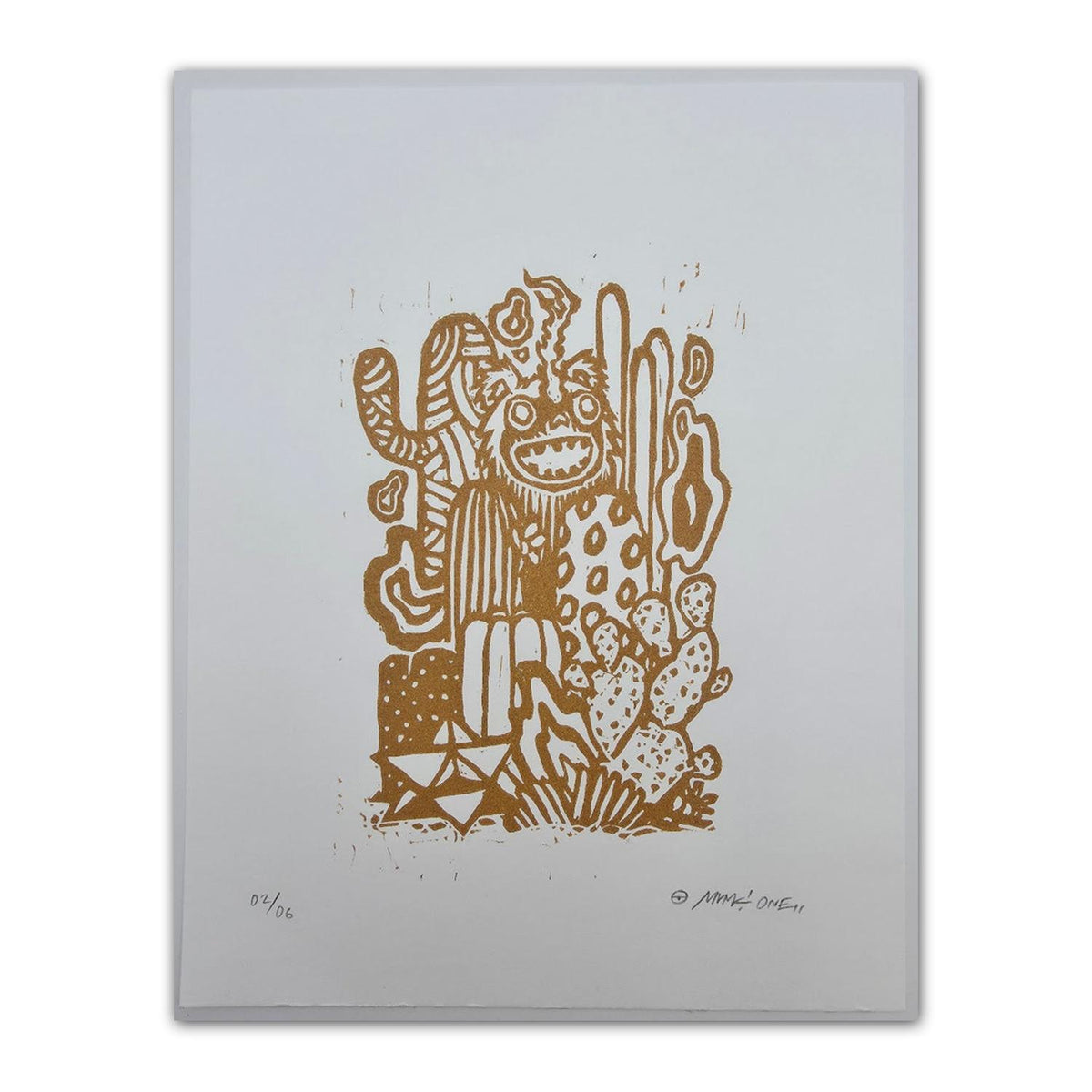 "Magical Thinking Beastie" Copper on White Lino Cut Print by Munk One
