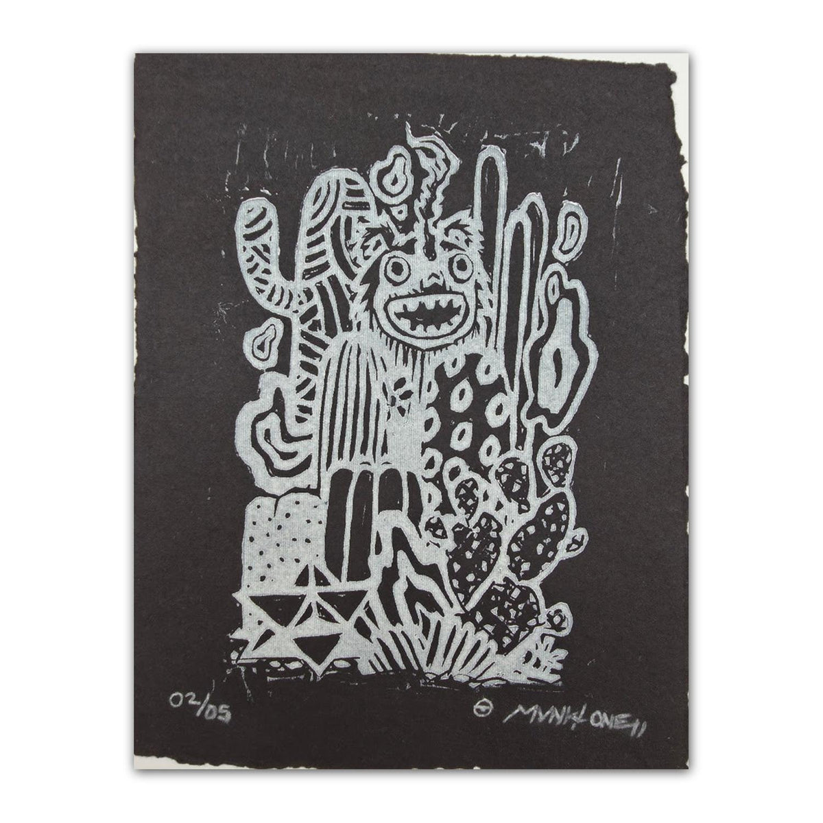 "Magical Thinking Beastie" White on Black Lino Cut Print by Munk One