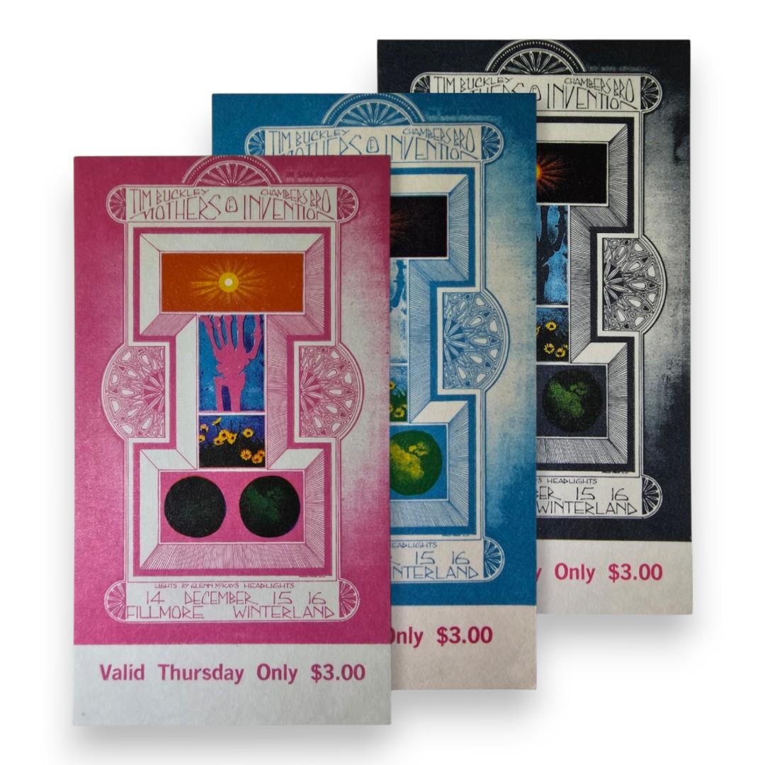 Mothers Of Invention, Tim Buckley, The Chambers Brothers - 3-Night Run - December 14-16, 1967 - The Fillmore | Vintage Ticket Bundle