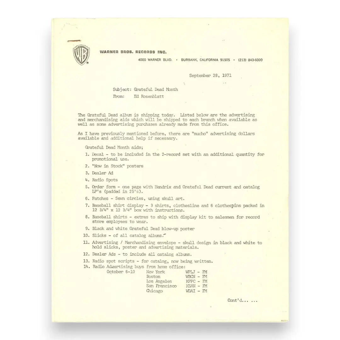 Original 1970-1971 Warner Bros. Promotional Materials for the Grateful Dead's Workingman's Dead and Skull and Roses Releases