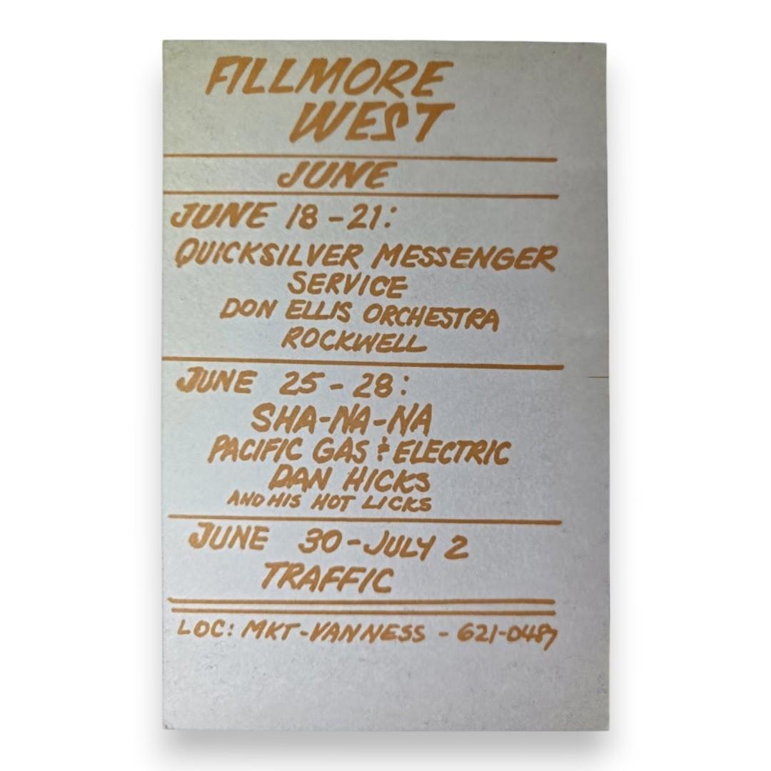 Quicksilver Messenger Service, Sha Na Na, Rockwell, The Fillmore West by David Singer | June 18-21, 1970 | Vintage Handbill - Back