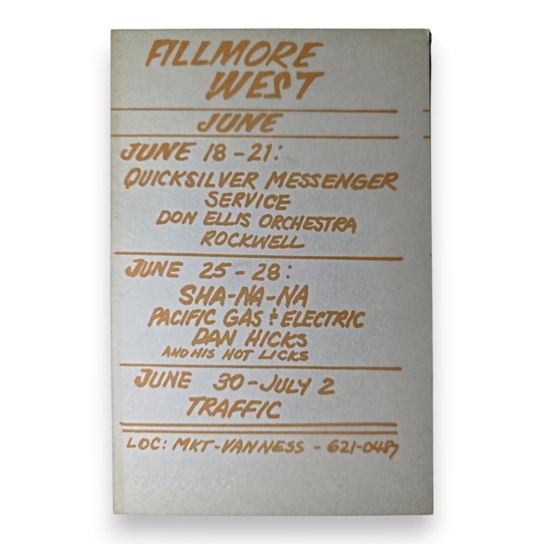 Quicksilver Messenger Service, Sha Na Na, Rockwell, The Fillmore West by David Singer | June 18-21, 1970 | Vintage Handbill