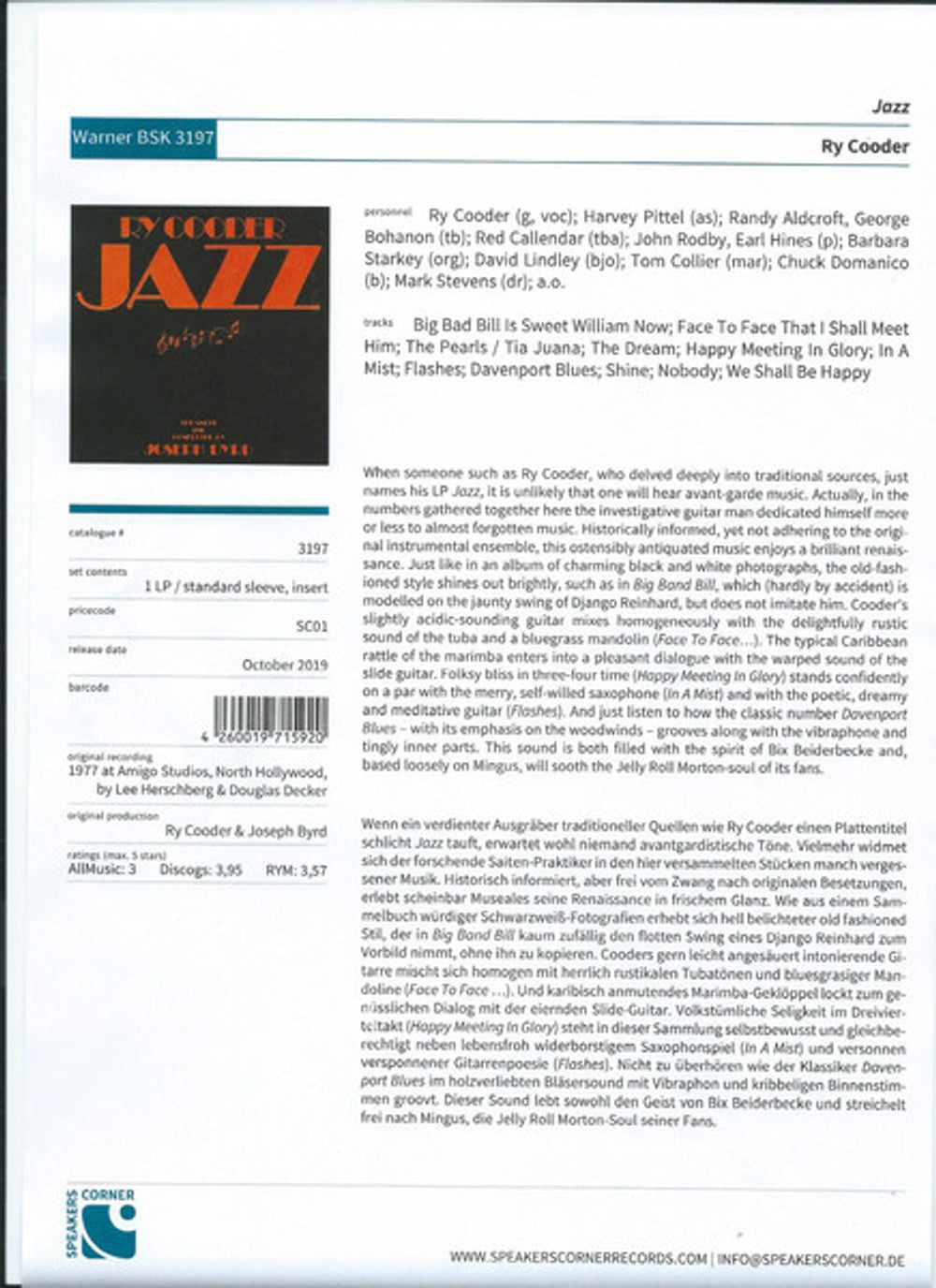 Ry Cooder – Jazz (LP Vinyl)