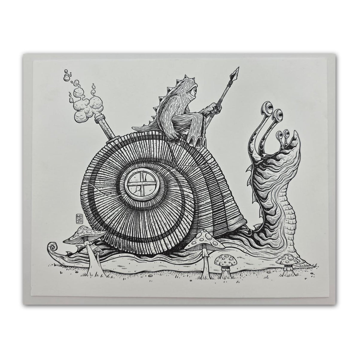"Snail Rider" Brilliant White Letterpress Print by Mazza