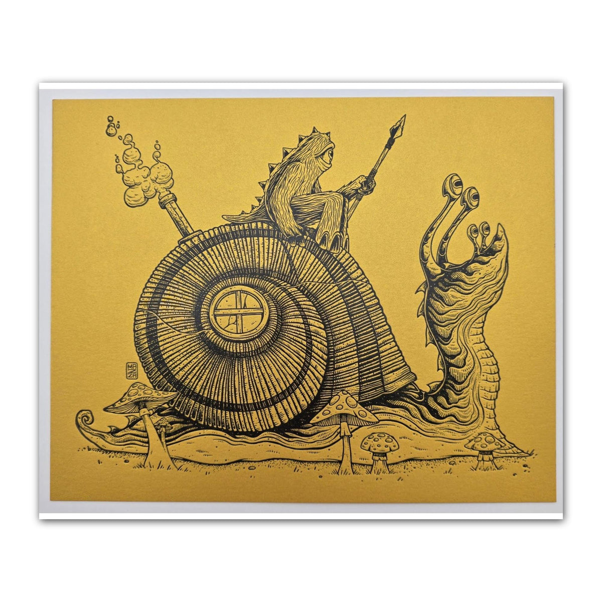 "Snail Rider" Gold Letterpress Print by Mazza