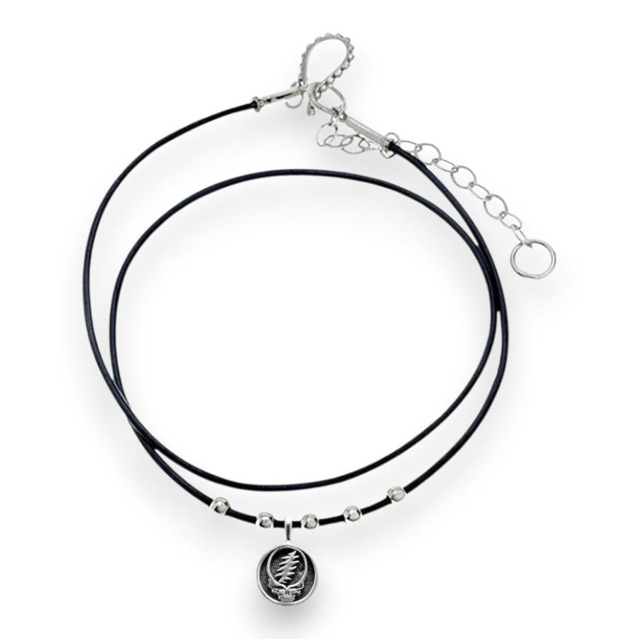 Grateful Dead Steal Your Face Sterling Silver Beads & Thin Leather Necklace - Back