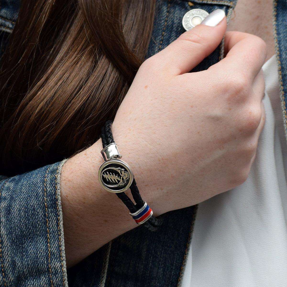 Steal Your Face Sterling Silver, Blue and Red Enamel & Leather Bracelet