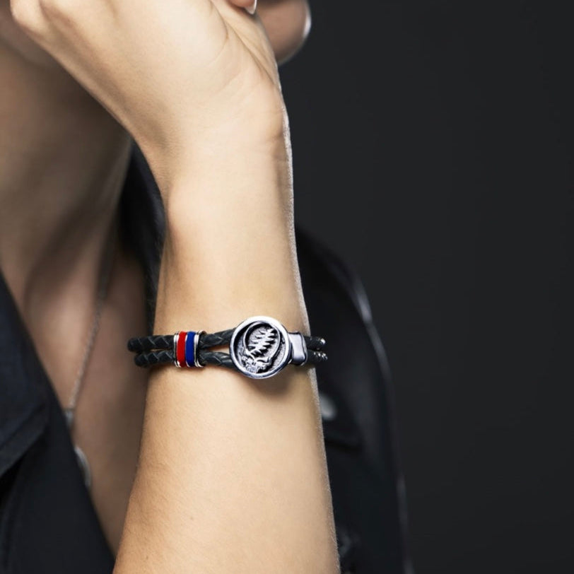 Grateful Dead Steal Your Face Sterling Silver Enamel & Leather