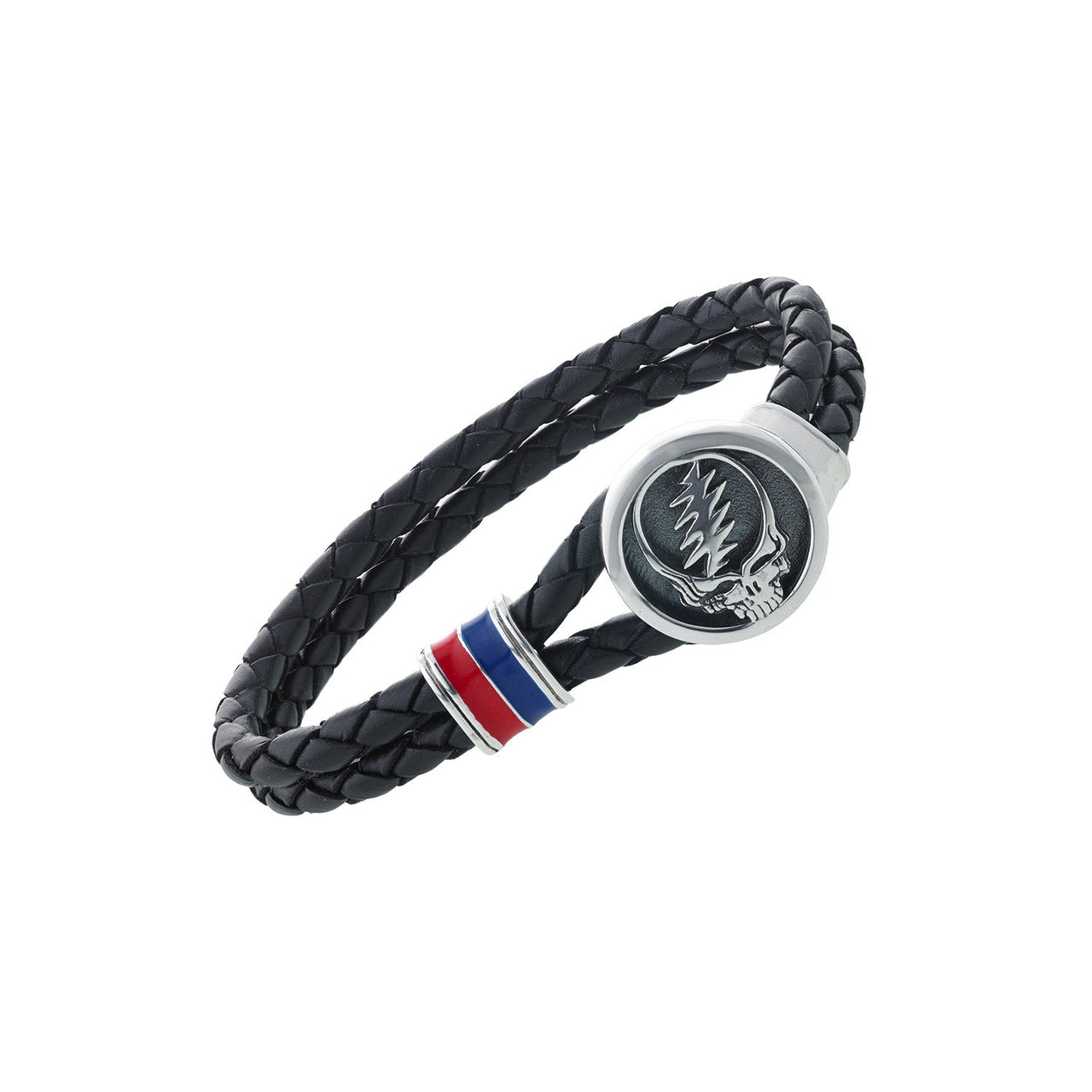 Steal Your Face Sterling Silver, Blue and Red Enamel & Leather Bracelet