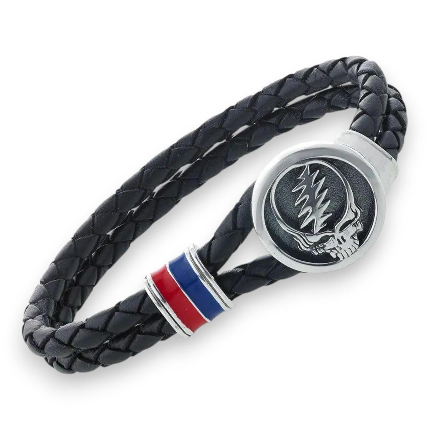 Grateful Dead Steal Your Face Sterling Silver Enamel & Leather Bracelet - Front