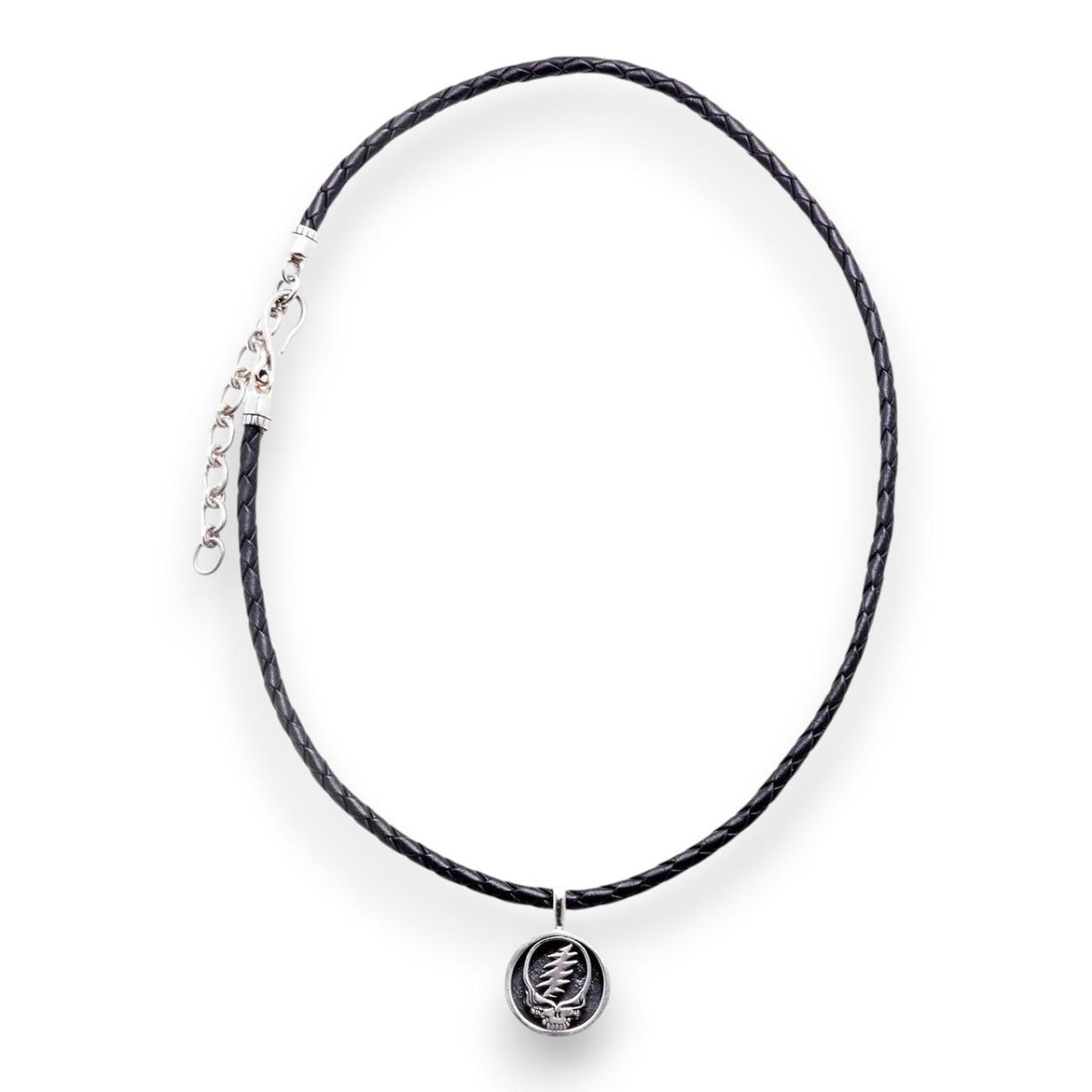Grateful Dead Steal Your Face Sterling Silver Charm Woven Leather Necklace - Back