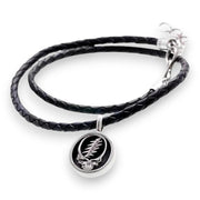 Grateful Dead Steal Your Face Sterling Silver Charm Woven Leather Necklace - Detail