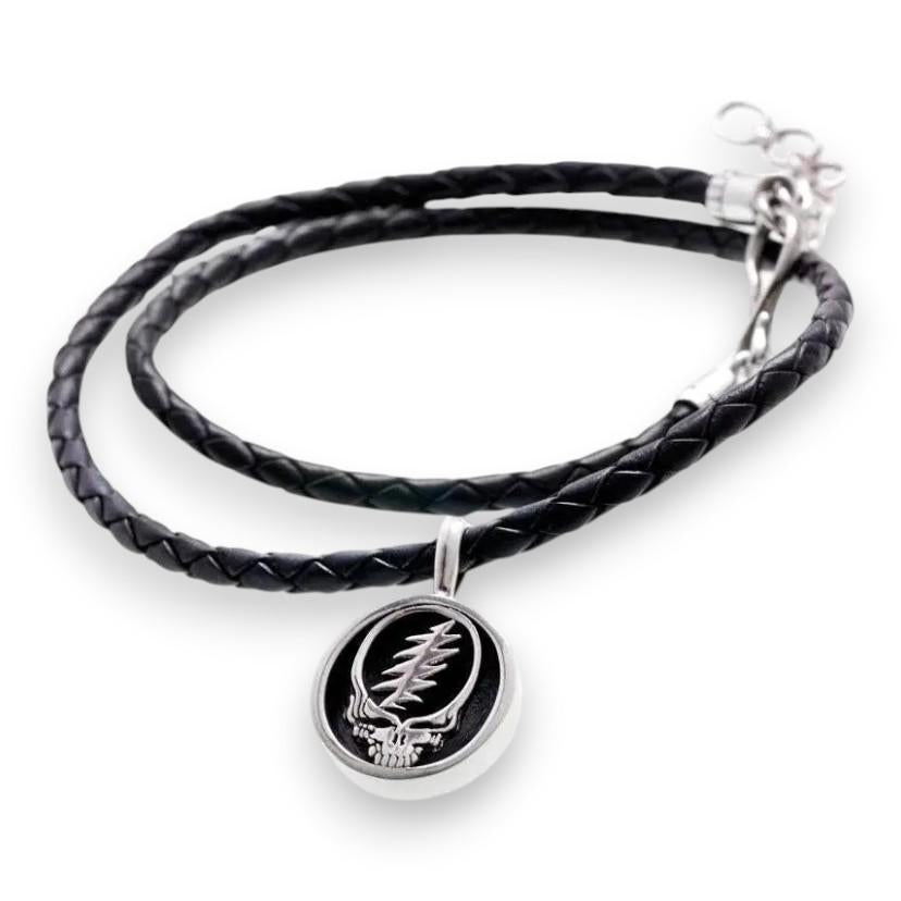 Grateful Dead Steal Your Face Sterling Silver Charm Woven Leather Necklace - Detail