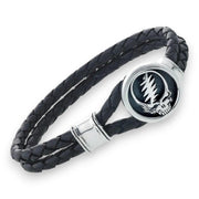 Grateful Dead Steal Your Face Sterling Silver Leather Bracelet - Front