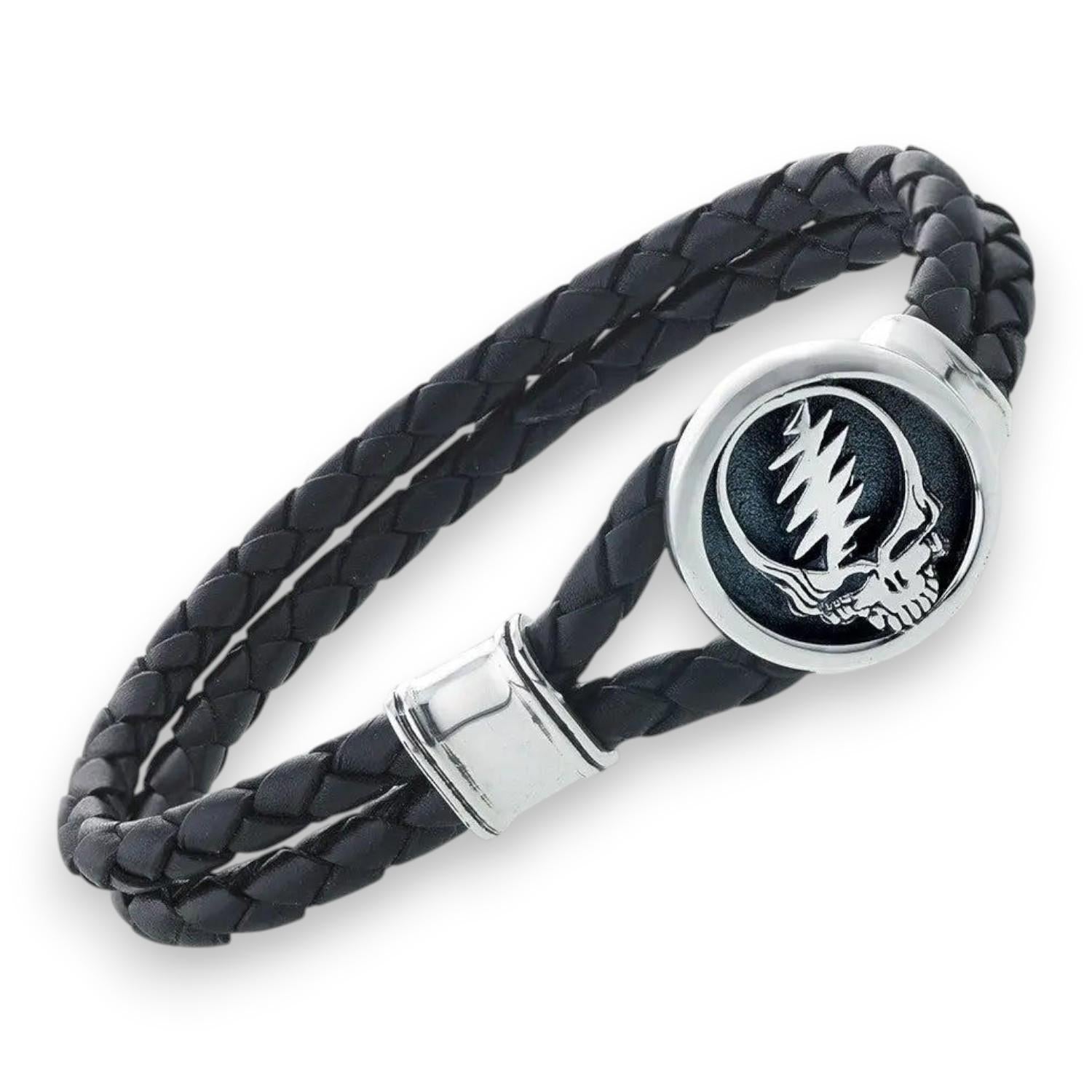 Grateful Dead Steal Your Face Sterling Silver Leather Bracelet - Front