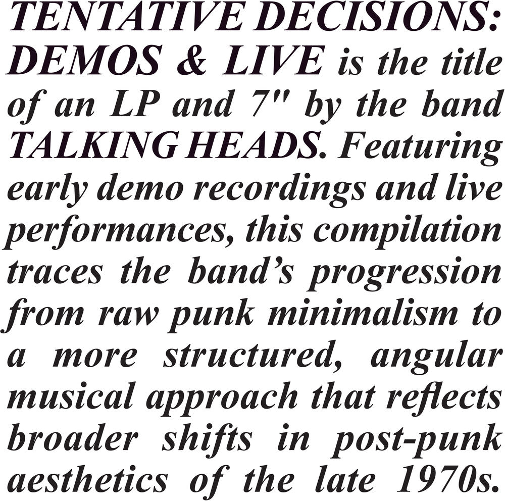 Talking Heads – Tentative Decisions: Demos & Live (LP and 7" Vinyl) - Back
