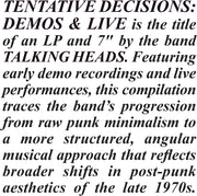Talking Heads – Tentative Decisions: Demos & Live (LP and 7" Vinyl) - Back