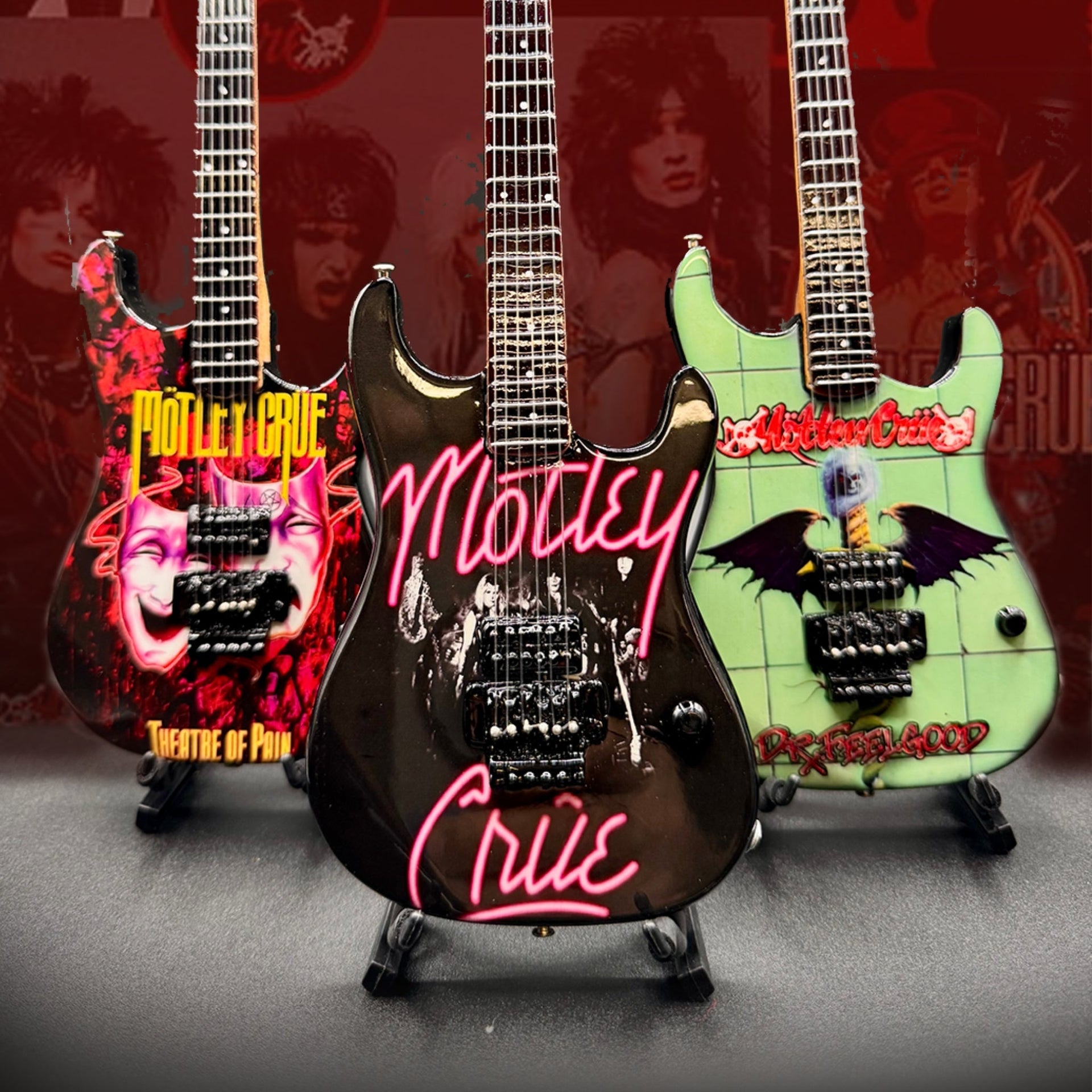 The Complete Mötley Crüe Album Cover Mini Guitar Set – All 4 Official Mini Guitar Designs