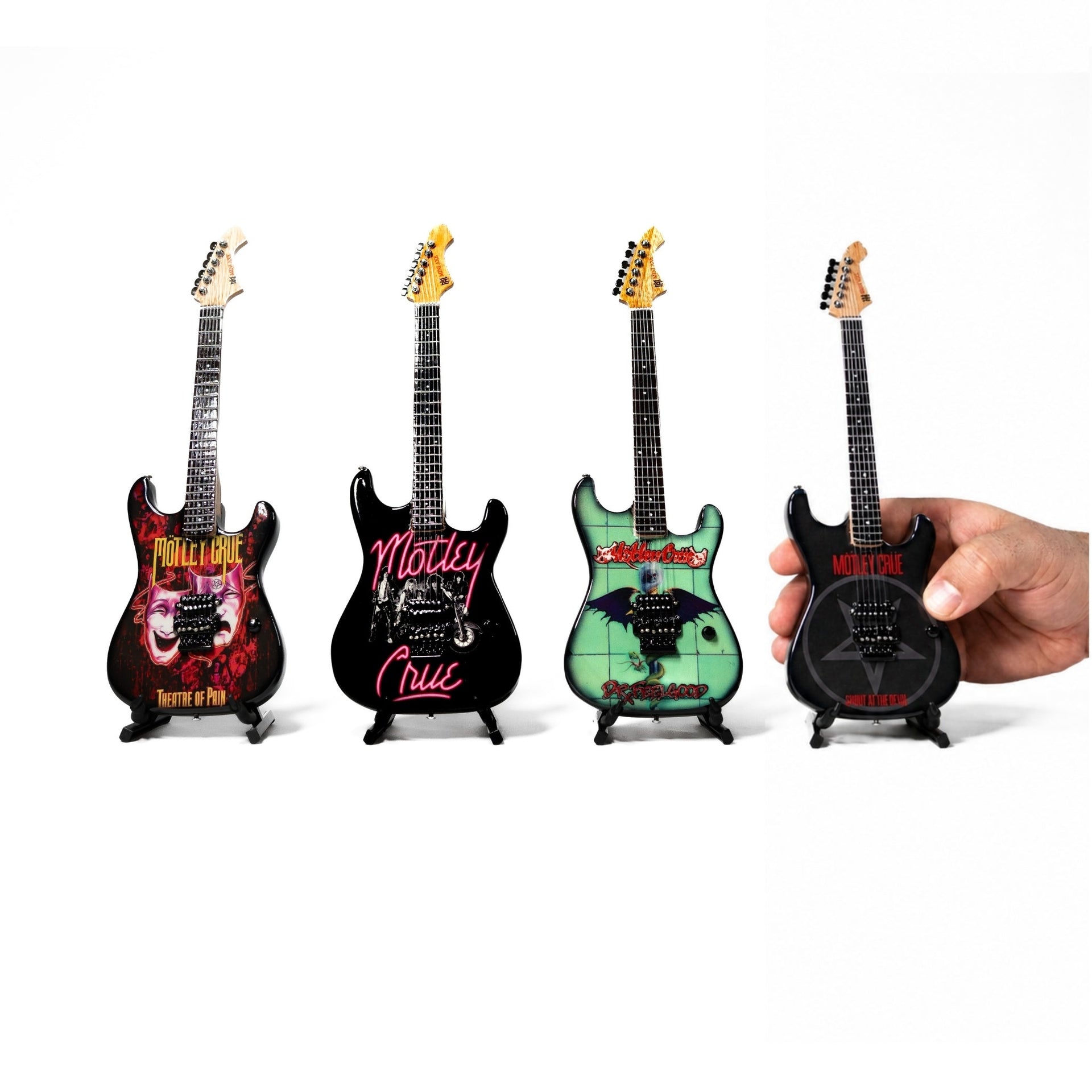 The Complete Mötley Crüe Album Cover Mini Guitar Set – All 4 Official Mini Guitar Designs